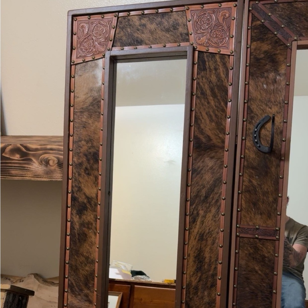 Rustic Cowhide Mirror with Leather Accents